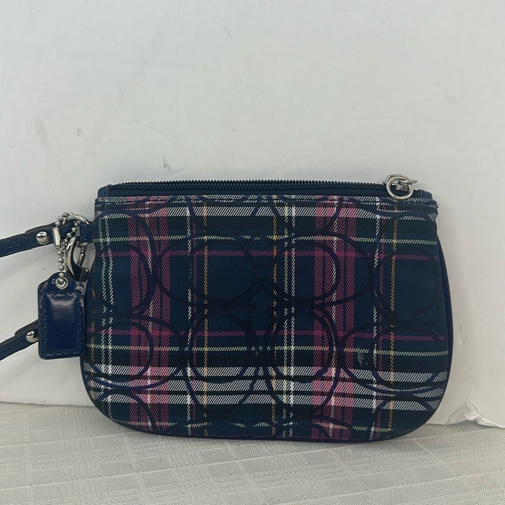 Coach Authentic Tartan Blue Plaid Metallic Wristlet, Style No. F48110